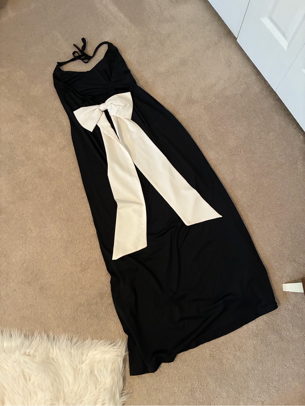 Black Halter Maxi Dress with White Bow